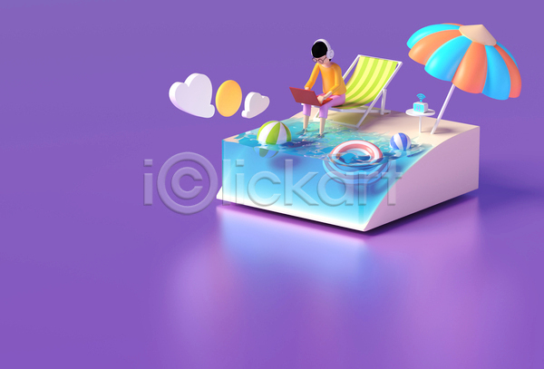 휴식 남자 성인 성인남자한명만 한명 3D JPG 해외이미지 노트북 바다 비치의자 선베드 앉기 온라인 컴퓨터 파라솔 해변 휴가 휴양지