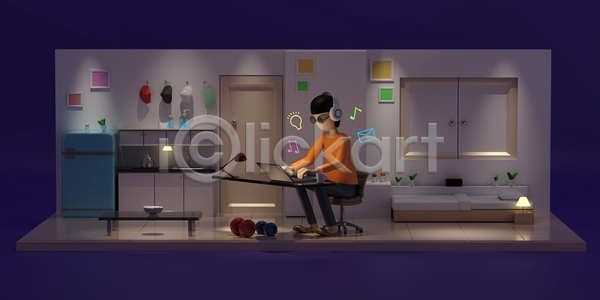 남자 성인 성인남자한명만 한명 3D JPG 해외이미지 노트북 앉기 작업 재택근무 캐릭터