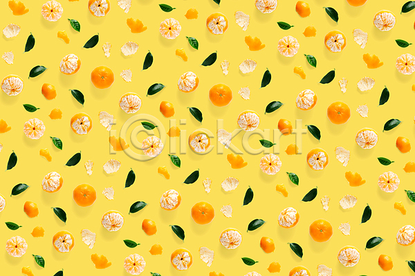 사람없음 JPG 포토 해외이미지 귤 껍질 노란배경 알맹이 잎 패턴