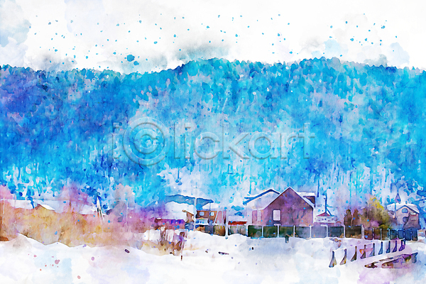 사람없음 JPG 일러스트 포토 해외이미지 겨울 계절 그림 땅바닥 마을 미술 백그라운드 산 수채화(물감) 시골 지역 페인트