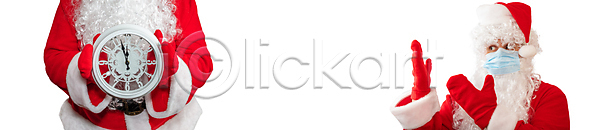 새로움 축하 남자 백인 사람 한명 JPG 포토 해외이미지 12월 5 가리킴 가면 건강 겨울 계절 고립 기회 면역력 백그라운드 빨간색 산타클로스 선물 소셜 수염 시간 시계 아빠 안경 예방 잡기 전통 카피스페이스 컨셉 크리스마스 해외포토 휴가 흰색