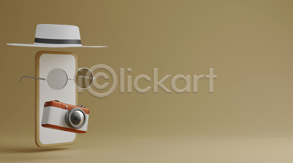 사람없음 3D JPG 디지털합성 포토 해외이미지 갈색 모자(잡화) 선글라스 스마트폰 여행 카메라