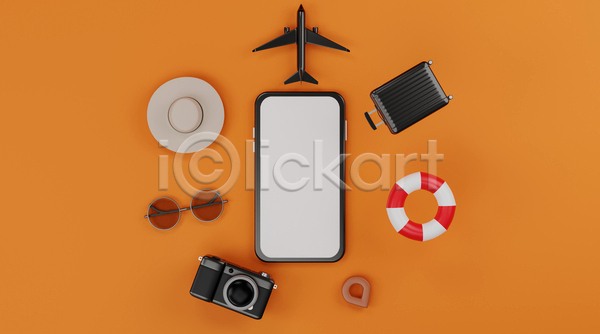 사람없음 3D JPG 디지털합성 포토 해외이미지 모자(잡화) 비행기 선글라스 스마트폰 여행 위치 주황색 카메라 캐리어 튜브