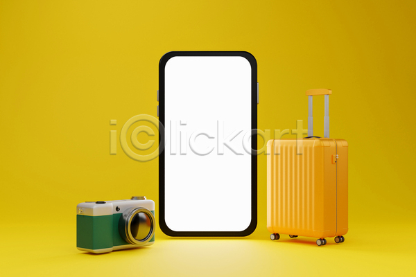 사람없음 3D JPG 디지털합성 포토 해외이미지 노란색 스마트폰 여행 카메라 캐리어