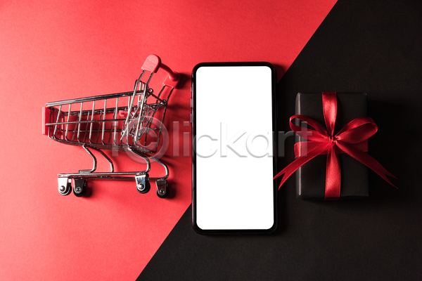 사람없음 JPG 포토 해외이미지 검은색 목업 빨간색 선물상자 쇼핑카 스마트폰 실내