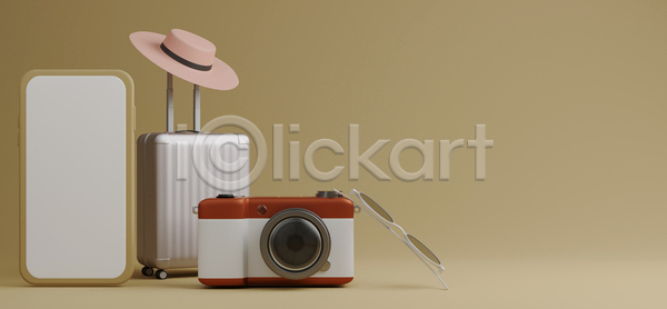 사람없음 3D JPG 디지털합성 포토 해외이미지 갈색 모자(잡화) 선글라스 스마트폰 여행 카메라 캐리어
