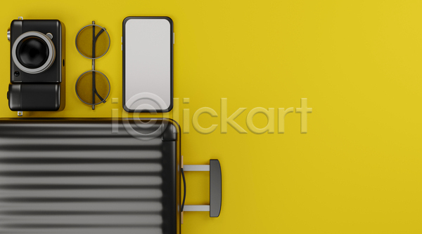 사람없음 3D JPG 디지털합성 포토 해외이미지 노란색 선글라스 스마트폰 여행 카메라 캐리어