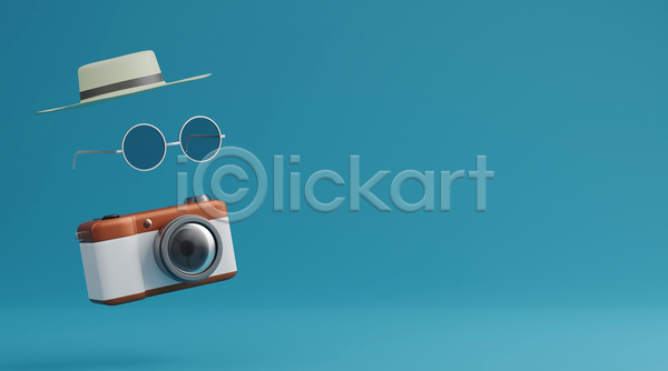 사람없음 3D JPG 디지털합성 포토 해외이미지 모자(잡화) 선글라스 여행 카메라 하늘색