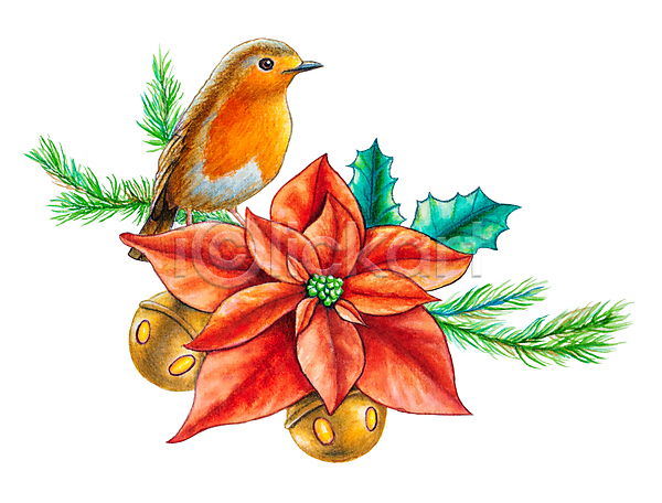 사람없음 JPG 일러스트 해외이미지 그림 번짐 붓터치 수채화(물감) 식물 크리스마스 포인세티아