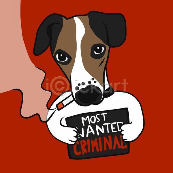 사람없음 EPS 일러스트 해외이미지 강아지 담배 담배연기 들기 반려견 반려동물 빨간색 손그림 잭러셀테리어 팻말 한마리 흡연
