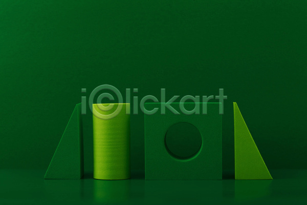 사람없음 3D JPG 포토 해외이미지 구멍 목업 사각형 삼각형 스튜디오촬영 실내 오브젝트 원기둥 원형 일렬 입체도형 초록배경 초록색