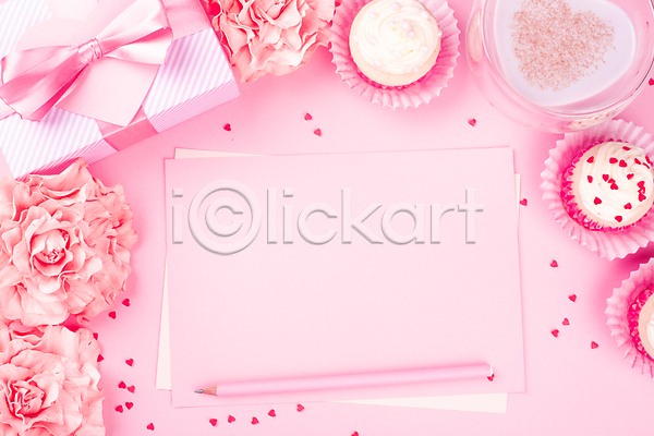 사람없음 JPG 포토 해외이미지 꽃 메시지 분홍색 선물상자 연필 카피스페이스 컵케이크 편지