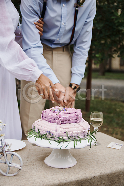 로맨틱 남자 두명 성인 성인만 여자 JPG 포토 해외이미지 결혼 들기 스몰웨딩 웨딩케이크 자르기 접시 팔짱 하반신