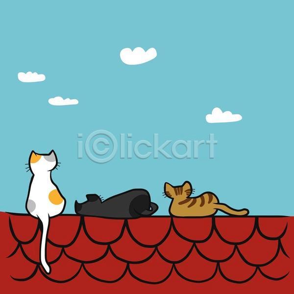 여유 휴식 사람없음 EPS 일러스트 해외이미지 고양이 구름(자연) 눕기 반려동물 반려묘 세마리 손그림 지붕 하늘