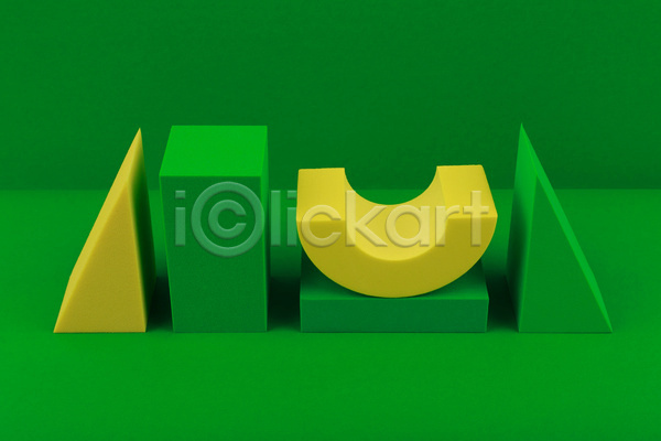 사람없음 JPG 포토 해외이미지 노란색 목업 삼각형 스튜디오촬영 실내 오브젝트 일렬 입체도형 직사각형 초록배경 초록색