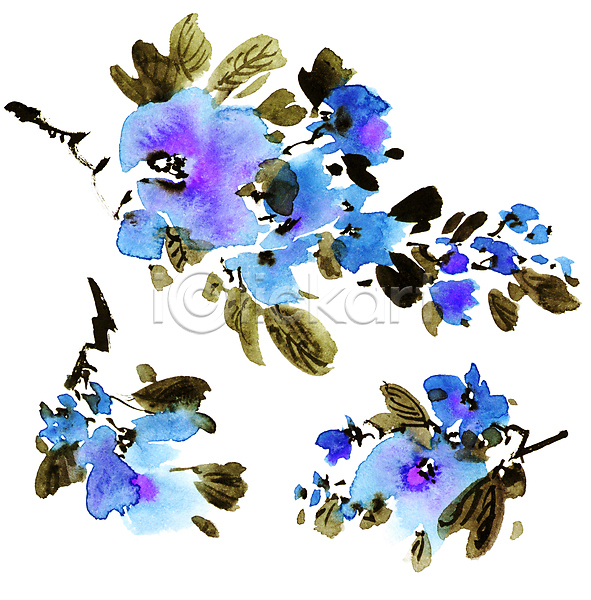 사람없음 JPG 일러스트 포토 해외이미지 꽃 꽃잎 동양화 미술 번짐 붓터치 수묵화 수채화(물감) 잎 캘리그라피 파란색