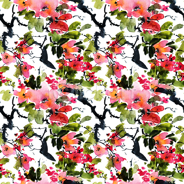 사람없음 JPG 일러스트 포토 해외이미지 꽃 꽃잎 동양화 미술 번짐 분홍색 붓터치 수묵화 수채화(물감) 잎 줄기 캘리그라피 패턴