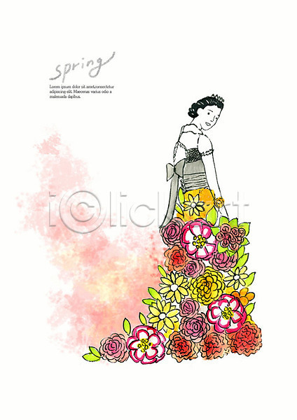사람 성인 여자 한명 PSD 일러스트 결혼 계절 꽃 꽃잎 뒤돌아보기 드레스 번짐 봄 붓터치 뷰티 상반신 수채화(물감) 컬러풀