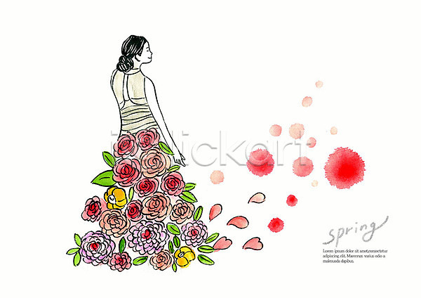 사람 성인 여자 한명 PSD 뒷모습 일러스트 계절 꽃 꽃잎 나뭇잎 드레스 미소(표정) 번짐 봄 붓터치 뷰티 빨간색 상반신 수채화(물감) 장미 컬러풀