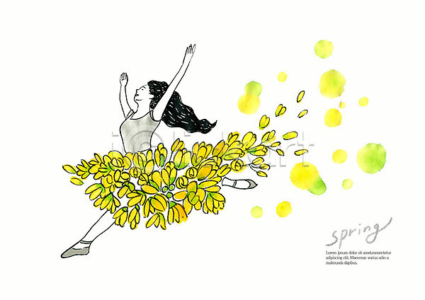 사람 성인 여자 한명 PSD 일러스트 계절 꽃 꽃잎 노란색 드레스 발레 번짐 봄 붓터치 뷰티 상반신 수채화(물감) 점프 춤 컬러풀 프리지어
