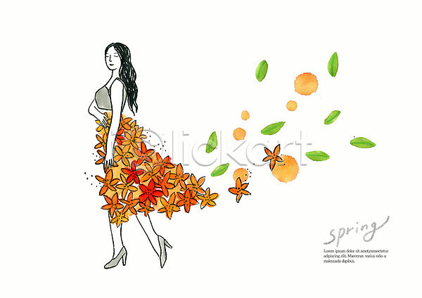 사람 성인 여자 한명 PSD 일러스트 걷기 계절 꽃 나뭇잎 드레스 번짐 봄 붓터치 뷰티 상반신 수채화(물감) 주황색 치마 컬러풀