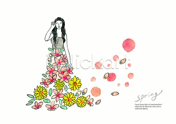 사람 성인 여자 한명 PSD 일러스트 계절 꽃 꽃잎 노란색 드레스 번짐 벚꽃 봄 분홍색 붓터치 뷰티 상반신 수채화(물감) 컬러풀