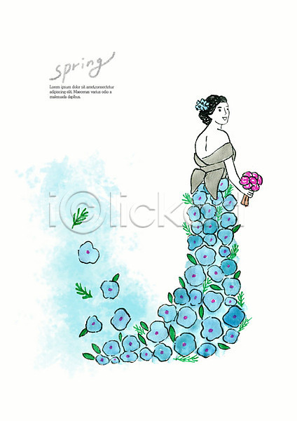 사람 성인 여자 한명 PSD 뒷모습 일러스트 계절 꽃 꽃잎 드레스 번짐 봄 부케 붓터치 뷰티 상반신 수채화(물감) 컬러풀 파란색