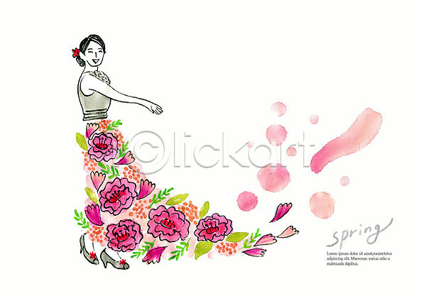 사람 성인 여자 한명 PSD 일러스트 계절 꽃 꽃잎 드레스 미소(표정) 번짐 봄 분홍색 붓터치 뷰티 상반신 수채화(물감) 작약 컬러풀