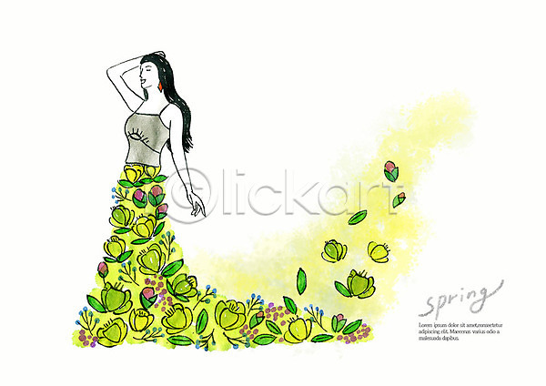 사람 성인 여자 한명 PSD 일러스트 계절 꽃 꽃잎 노란색 드레스 미소(표정) 번짐 봄 붓터치 뷰티 상반신 수채화(물감) 초록색 컬러풀