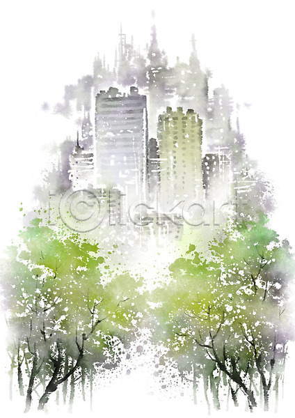 사람없음 PSD 일러스트 흑백 가로수 건물 나무 도시 도심 번짐 붓터치 빌딩 숲 초록색 캘리그라피 풍경(경치)