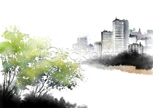 사람없음 PSD 일러스트 흑백 강 건물 나무 도시 도심 물 번짐 붓터치 빌딩 숲 언덕 초록색 캘리그라피 풍경(경치)