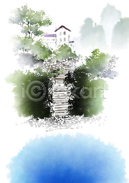 사람없음 PSD 일러스트 흑백 건물 계단 나무 번짐 붓터치 산 숲 언덕 초록색 캘리그라피 콘도 파란색 풍경(경치) 호수 휴양지