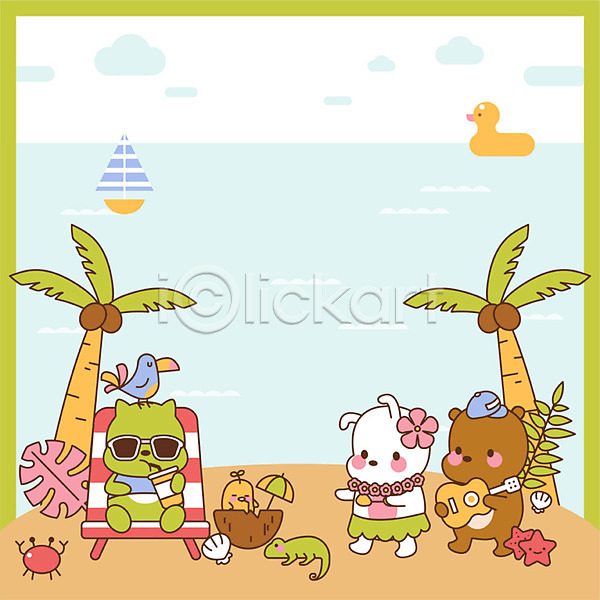 귀여움 사람없음 AI(파일형식) 일러스트 프레임일러스트 고양이 곰 도마뱀 동물캐릭터 메모지 바다 바캉스 병아리 선베드 여러마리 여름(계절) 여름휴가 연두색 열대나무 조류 코코넛 토끼 프레임
