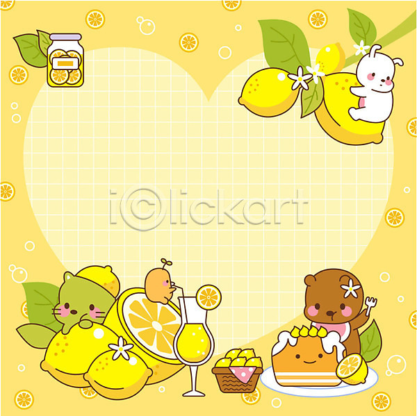 귀여움 사람없음 AI(파일형식) 일러스트 프레임일러스트 고양이 곰 노란색 동물캐릭터 레모네이드 레몬 레몬청 메모지 병아리 여러마리 잎 토끼 프레임