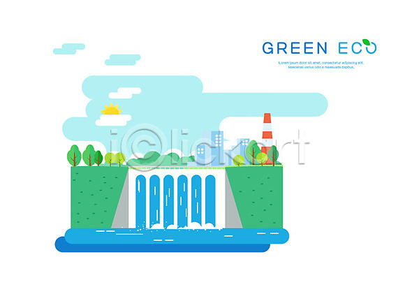 사람없음 PSD 일러스트 건물 굴뚝 그린에너지 나무 댐 도시 물 수력발전 야외 에너지 에코 초록색 파란색