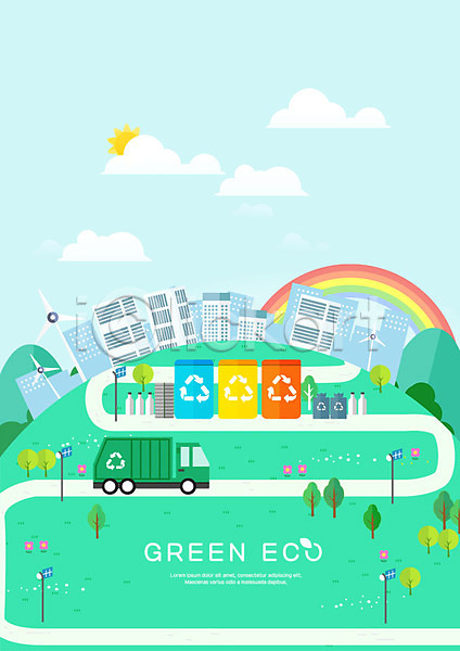 환경보전 사람없음 PSD 일러스트 건물 구름(자연) 그린에너지 그린캠페인 나무 무지개 빌딩 쓰레기 쓰레기통 에코 자연보호 재활용 초록색 태양 트럭 풍력에너지