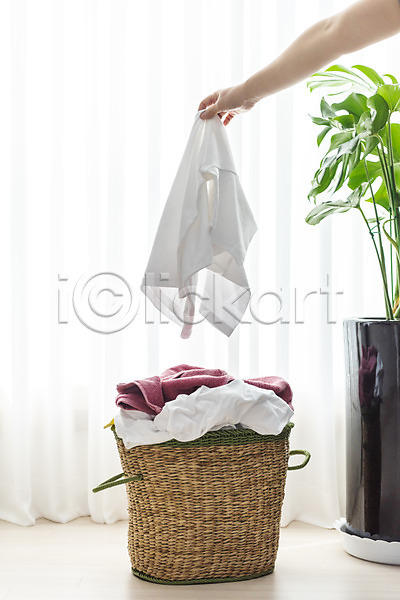 깨끗함 40대 신체부위 여자 중년 한국인 JPG 포토 가사 들기 빨래 빨래바구니 빨랫감 세탁용품 손 식물 실내 주부 청결 화분