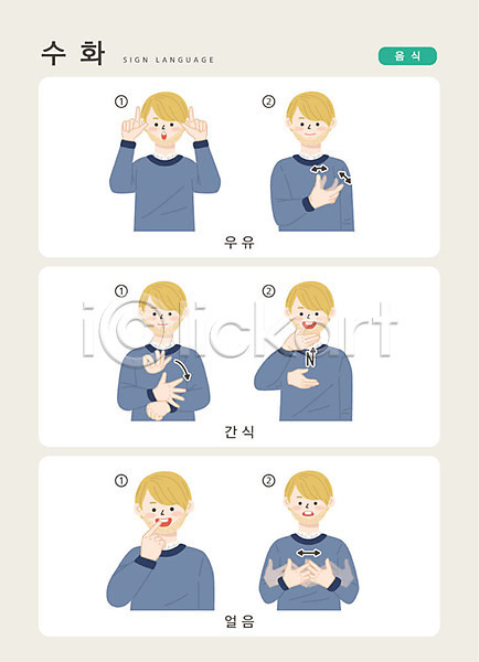 소통 남자 사람 성인 한명 AI(파일형식) 일러스트 디저트 문자 상반신 손가락 손짓 수어(수화언어) 안내 언어교육 얼음 우유 음식 지문자 청각장애인 커뮤니케이션 한글