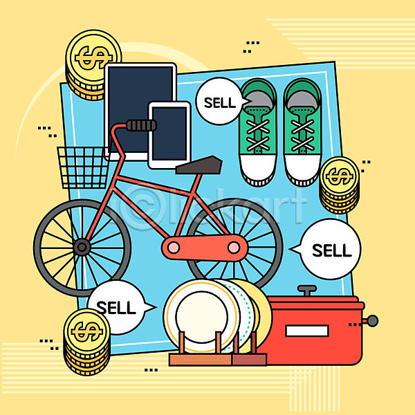절약 사람없음 AI(파일형식) 일러스트 그린캠페인 냄비 노란색 돈 동전 스마트폰 식기 신발 아나바다 자연보호 자전거 재활용 접시 태블릿 판매