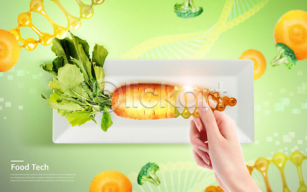 미래 신체부위 PSD 편집이미지 DNA 그릇 기술 당근 브로콜리 손 유전자구조 접시 초록색 푸드테크 한손