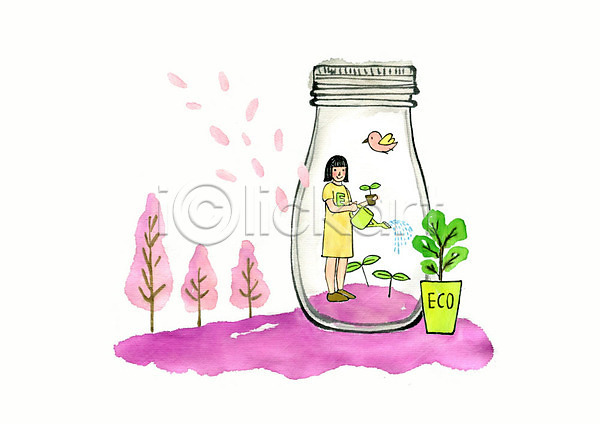 사람 어린이 여자 한명 PSD 일러스트 그린슈머 꿈 나무 물뿌리개 물주기 보라색 분홍색 새싹 수채화(물감) 에코 에코라이프 유리병 전신 조류 한마리 화분 환경