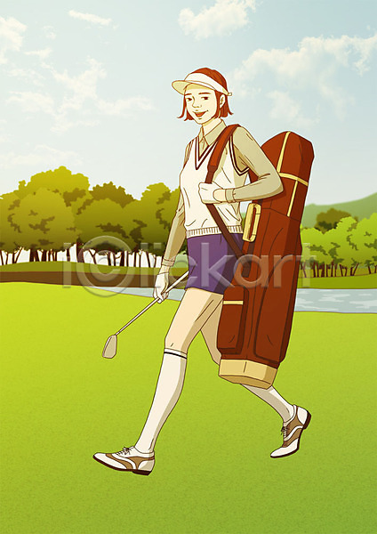 사람 성인 성인여자한명만 여자 한명 PSD 일러스트 걷기 골프 골프가방 골프웨어 골프장 골프채 나무 미소(표정) 스포츠 아트툰 야외 연못 잔디 전신 초록색