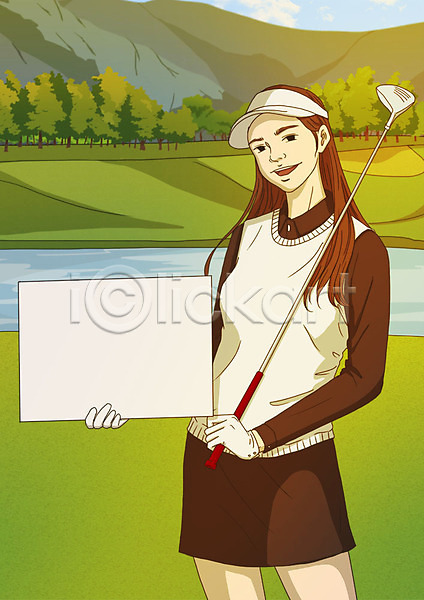 사람 성인 성인여자한명만 여자 한명 PSD 일러스트 골프 골프웨어 골프장 골프채 들기 모델 미소(표정) 배너 상반신 스포츠 아트툰 알림 야외 연못 잔디 초록색 팻말