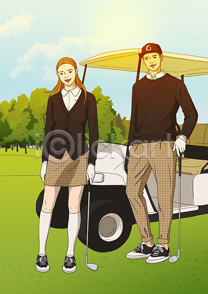 남자 두명 사람 성인 여자 PSD 일러스트 골프 골프웨어 골프장 골프채 골프카트 모델 미소(표정) 스포츠 아트툰 알림 야외 전신 커플