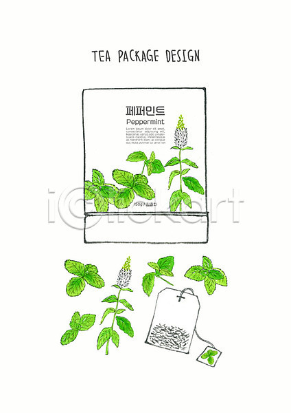 사람없음 PSD 일러스트 디자인 번짐 붓터치 수채화(물감) 잎 차(음료) 초록색 티백 패키지 페퍼민트 허브 허브차