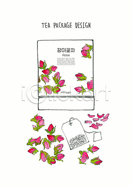사람없음 PSD 일러스트 꽃 꽃차 디자인 번짐 붓터치 수채화(물감) 잎 장미 차(음료) 컬러풀 티백 패키지