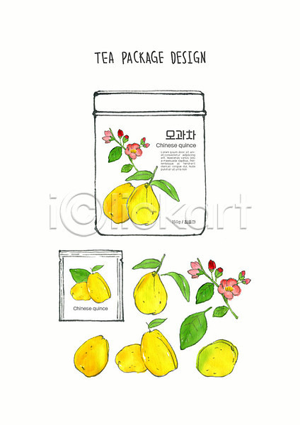 사람없음 PSD 일러스트 과일 과일차 꽃 노란색 디자인 모과 모과차 번짐 붓터치 수채화(물감) 열매 잎 차(음료) 컬러풀 티백 패키지