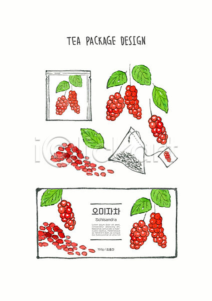 사람없음 PSD 일러스트 꽃 디자인 번짐 붓터치 빨간색 수채화(물감) 열매 오미자 잎 차(음료) 초록색 컬러풀 티백 패키지