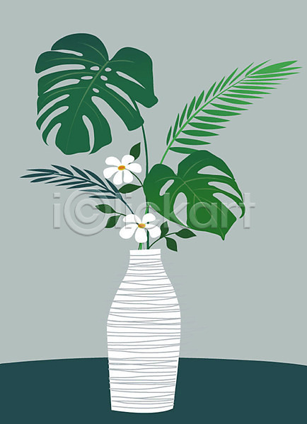 사람없음 AI(파일형식) 일러스트 꽃 꽃병 도자기 몬스테라 식물 열대잎 오브젝트 잎 정물화 초록색 트로피컬아트 한개 화분 회색