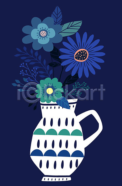 사람없음 AI(파일형식) 일러스트 꽃 꽃병 무늬 식물 오브젝트 잎 정물화 파란색 한개 화분 흰색